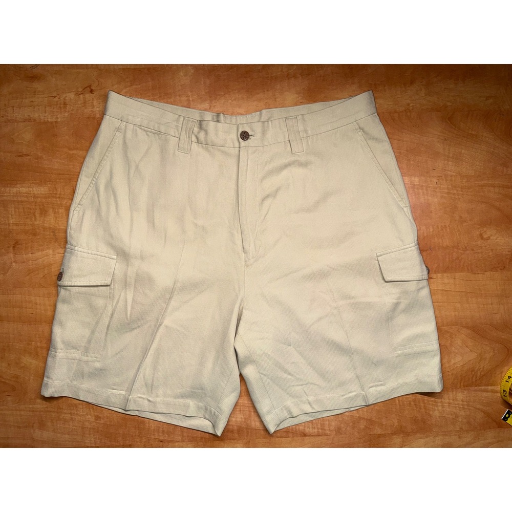 Pussers Island Reserve Mens 36 Silk Cotton Cargo Shorts Khaki Tan Tropical Lux